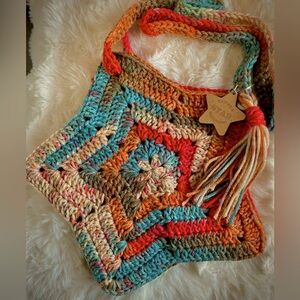 Crocheted Star shaped multi colored cross body bag tote with keychain gift